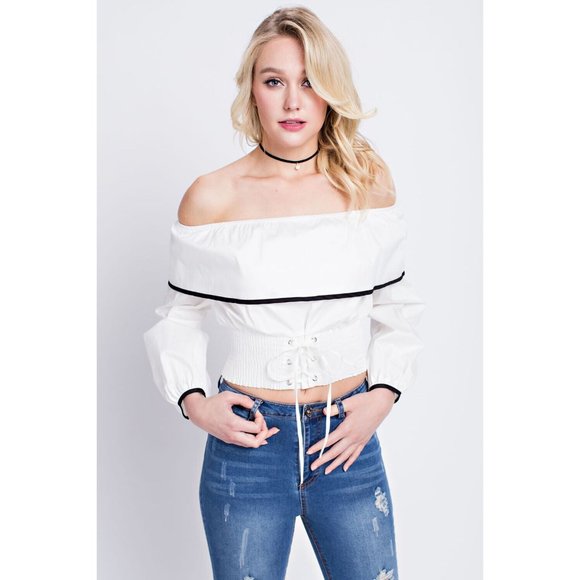 Women's Super Cute Comfy Off Shoulder Top With Contrast Detail Linning & Corset - Picture 7 of 10